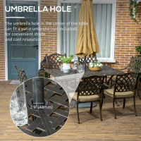 Outsunny 7 PCs Garden Patio Dining Set with Parasol Hole, Cast Aluminium Outdoor Furniture Set with Six Cushioned Chairs and Rectangle Dining Table, for Garden, Lawn, Deck, Bronze Tone(m-5)