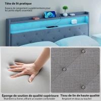HOMCOM Cadre de lit 140 x 190 cm avec sommier acier, lit 2 personnes flottant avec lumières LED RGB et station de charge, gris(m-7)
