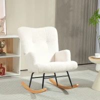 HOMCOM Silla Mecedora de Borreguito con Respaldo Capitoné y Base de Madera de Caucho para Salón o Dormitorio 65x88x87 cm Crema(m-11)