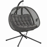 Outsunny Double Hanging Egg Chair 2 Seaters Texteline Swing Hammock Chair with Stand, Cushion and Folding Design, for Indoor and Outdoor, Grey(m-14)