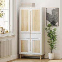 HOMCOM Buffet haut cuisine, armoire de cuisine avec 4 portes, 2 tiroirs et étagères réglables, 80x35x170cm, blanc et chêne(m-8)
