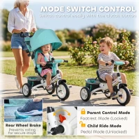 HOMCOM 6 in 1 Kids Trike with Parent Handle, Canopy, 5-point Seat Belt, Storage, Footrest, Brake, for 1-5 Years, Green(m-7)