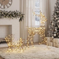 Outsunny Reno de Navidad con Trineo Luminoso 2 Piezas en Ratán PP, 175 LED Blanco Cálido, 8 Modos, Temporizador, 82x32x120cm, Marrón(m-5)