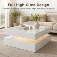 HOMCOM LED Coffee Table with Storage, 2-Tier Modern Centre Table with Open Shelf and Remote for Living Room, High Gloss White(m-5)