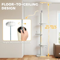 PawHut 225-255 cm Adjustable Cat Climbing Tower with Sisal Scratching Posts, 2 Hanging Play Balls and Anti-Tip Strap, Beige(m-5)