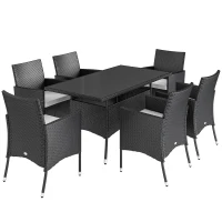 Outsunny Ensemble Salon de Jardin 6 Personnes - Grande Table rectangulaire, 6 fauteuils - 6 Coussins d'assise déhoussables Inclus - métal époxy Verre trempé 5 mm résine tressée Noire(m-12)