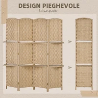 HOMCOM Paravento da Interno a 4 Pannelli Pieghevole con Mensole 160x170 cm, Colore Naturale(m-4)