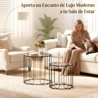 HOMCOM Conjunto de 2 Mesas Auxiliares Tipo Nido con Estructura de Metal y Encimera de Cristal Ø50x50 cm y Ø40x40 cm Negro(m-5)