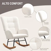 HOMCOM Silla Mecedora Tapizado de Terciopelo Teddy con Reposabrazos Acolchado Grueso Patas de Madera Crema(m-5)