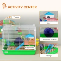 PawHut 2 Tier Hamster Cage, Gerbil Cage with Handle, Exercise Wheels, Tunnel, Water Bottle, Dishes, Ladder, for Dwarf(m-4)