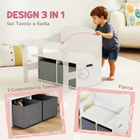 AIYAPLAY 3 in 1 Panca Porta Giochi per Bambini 3-6 Anni, Convertibile in Tavolo e Sedia con 2 Contenitori, Bianco(m-4)