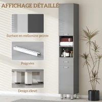 HOMCOM Meuble colonne salle de bain avec étagères réglables et compartiments ouverts, 30x30x180cm, gris brillant(m-6)