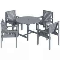 Outsunny 5 Pieces Garden Dining Set with Parasol Hole, Round Outdoor Table and Chairs, 4 Seater Wooden Garden Furniture, Grey(m-1)