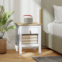 HOMCOM Mesilla de Noche con 1 Cajón Compartimento Abierto Tirador de PU Mesa Auxiliar para Salón Dormitorio 45x40x55 cm Blanco(m-10)