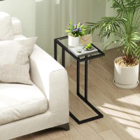 HOMCOM Table d'appoint en forme de C avec plateau en verre trempé, cadre en acier, noir(m-2)