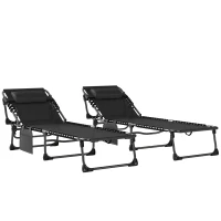 Outsunny Set de 2 Tumbonas Plegables con Reposacabezas Bolsillo Lateral y Respaldo Reclinable en 5 Posiciones Negro(m-1)