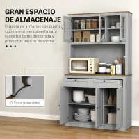 HOMCOM Alacena de Cocina con 3 Puertas de Vidrio Compartimento Abierto 2 Cajones y Estantes Ajustables 100x40x180 cm Gris(m-4)