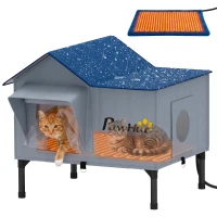 PawHut Beheiztes Außen-Katzenhaus Wasserdicht Erhöhter Boden 5 cm Heizkissen 55°C 51 x 41 x 55 cm Hellgrau(m-8)