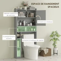 HOMCOM Meuble WC dessus de toilette ou machine à laver, 2 portes, 3 compartiments, porte-papier toilette, 80x19,5x170cm, gris(m-4)
