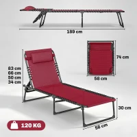 Outsunny Bain de Soleil transat Pliable Dossier inclinable Multi-Positions Acier thermoplastique Lacets élastiques Noir textilène Rouge(m-3)