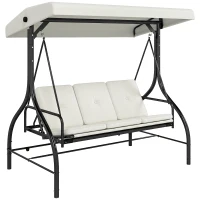 Outsunny 3 Seater Garden Swing Chair, 2 in 1 Convertible Patio Swing Seat Bed with Adjustable Canopy, Cushions and Metal Frame, Outdoor Hammock Bench Chair for Balcony, Terrace, Cream White(m-1)
