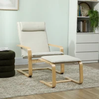 HOMCOM Sillón con Reposapiés Sillón Lectura con Respaldo Alto Reposacabezas Extraíble Patas de Madera y Tapizado en Lino Crema(m-7)