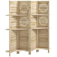 HOMCOM Paravent intérieur 4 panneaux et 3 étagères, 160 x 170 cm, séparateur de pièce pliable, bois de paulownia, bois naturel(m-1)
