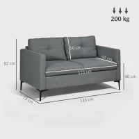 HOMCOM Canapé 2 places contemporain piètement métal noir tissu aspect lin gris foncé(m-3)