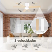 HOMCOM Ventilador de Techo Motor AC 48W con Luz LED Mando a Distancia 3 Velocidades y 3 Aspas de Madera Ø112x25 cm Blanco(m-4)