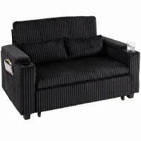 HOMCOM 2 Seater Sofa Bed, Pull Out Sleeper Sofa w/ Adjustable Backrest, Storage Armrests, Cup Holders, Side Pockets, Black(m-15)