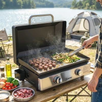 Outsunny 2 Burner Grill Griddle, Portable Gas Plancha, 6 kW, Tabletop Gas BBQ with Grease Cup for Camping Picnic Patios, Black(m-8)