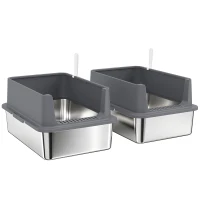 PawHut Juego de 2 Areneros Gatos de Acero Inoxidable XL Borde Alto 2 Palas para Gatos Grandes y Gatitos Múltiples Gris Oscuro(m-11)