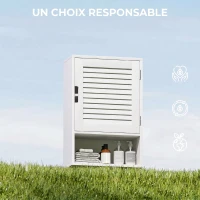 HOMCOM Armoire murale de salle de bain avec porte à lattes, étagère réglable et compartiment ouvert, 40x20x60cm, blanc(m-7)