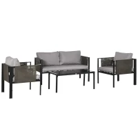 Outsunny 4 Piece Metal Garden Furniture Set - Includes Tempered Glass Coffee Table, Texteline Pocket, Outdoor Patio Set with Loveseat, Single Armchairs and Padded Cushions, Light Grey(m-11)