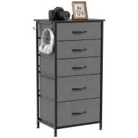 HOMCOM Chest of Drawers, Dresser with 5 Fabric Drawers, Tall Storage Unit with 4 Pockets and 2 Hooks Steel Frame, Charcoal Grey(m-13)