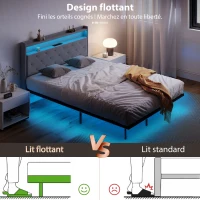 HOMCOM Cadre de lit 140 x 190 cm avec sommier acier, lit 2 personnes flottant avec lumières LED RGB et station de charge, gris(m-4)