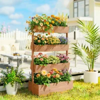 Outsunny Jardinera de Madera de 4 Niveles Jardinera Elevada Exterior con Orificios de Drenaje Tela no Tejida Marrón(m-2)