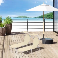 Outsunny 2 Pieces Outdoor Foldable Sun Lounger, 4 Level Adjustable Backrest Reclining Sun Lounger Chair with Angle Adjust Sun Shade Awning for Beach, Garden, Patio, Beige(m-2)