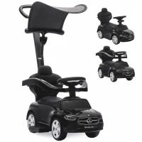 AIYAPLAY 3 in 1 Licensed Benz Ride on Push Car with Handle, Canopy, Guardrails, Horn, Music, Storage for 12-36 Months, Black(m-1)