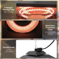 Outsunny Hanging Electric Patio Heater with 2 Power Settings, 1000/2000W Waterproof Ceiling Mounted Aluminium Halogen Infrared Outdoor Heater Warmer with LED Light and Remote Control, Black(m-6)