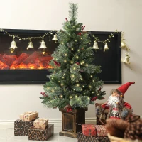 HOMCOM 1.2m/4ft Artificial Christmas Tree with 100 Warm White LED Lights and 8 Modes, Small Xmas Tree with Red Berries, Pine Cones and Retro Base, Green(m-2)