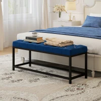 HOMCOM Banco Pie de Cama Tapizado en Terciopelo Diseño Capitoné Base de Metal para Dormitorio Entrada Salón Azul Oscuro(m-2)