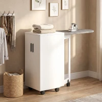 HOMCOM Mobilier pentru Masa de Călcat Pliabil cu Roți, Raft Reglabil și Închidere Soft Close, din Lemn și Material Textil, 128x43x83 cm, Alb(m-8)