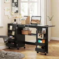 HOMCOM Masă de cusut pliabilă, mobilier de cusut pe roți, 2 uși magnetice, 4 tăvițe, 20 cârlige, 160x40x83cm, negru(m-4)