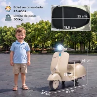 AIYAPLAY Moto Eléctrica para Niños Licencia VESPA Arranque Suave Ruedines Desmontables Luz Delantera Música, Bocina USB Blanco(m-3)