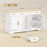 HOMCOM Sideboard Buffet Cabinet, 140 cm Kitchen Storage Cabinet with 4 Drawers, 4 Doors and 2 Adjustable Shelves, White(m-3)
