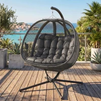 Outsunny Double Hanging Egg Chair 2 Seaters Texteline Swing Hammock Chair with Stand, Cushion and Folding Design, for Indoor and Outdoor, Grey(m-23)