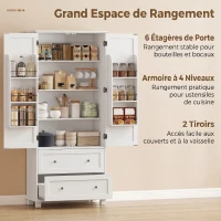 HOMCOM Buffet haut cuisine, armoire de cuisine 2 portes, 2 tiroirs, 6 porte-racks, étagères réglables, 80x39,5x184,5cm, blanc(m-4)