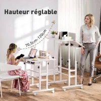 HOMCOM Bureau Assis-Debout, Bureau Réglable en Hauteur 70 x 60 cm, à Roulettes avec Plateau Inclinable, 70x60x70,5-120cm, Blanc(m-4)