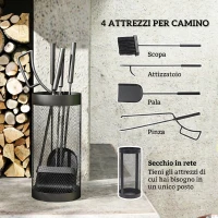 Outsunny Set Attrezzi Camino 5 Pezzi con Cestino, Scopa, Paletta, Pinze e Attizzatoio in Metallo, Salvaspazio, Nero(m-4)